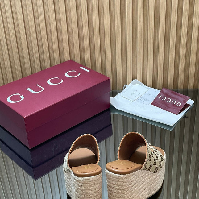 GUCCI 26S WEDGE SANDALS 110 MM IN BEIGE CANVAS GG MONOGRAM