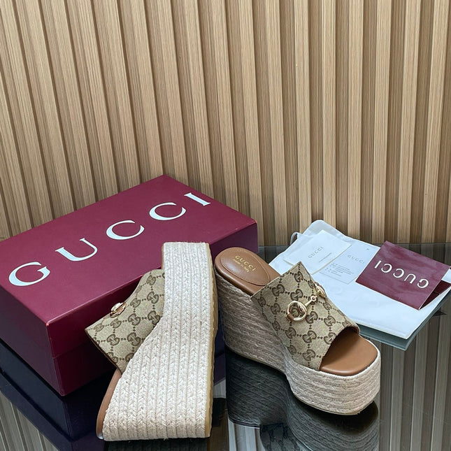 GUCCI 26S WEDGE SANDALS 110 MM IN BEIGE CANVAS GG MONOGRAM
