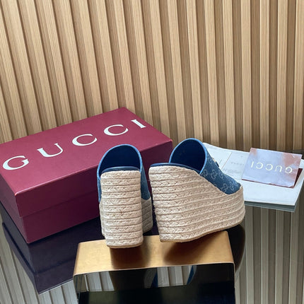 GUCCI 26S WEDGE SANDALS 110 MM IN BLUE CANVAS GG MONOGRAM