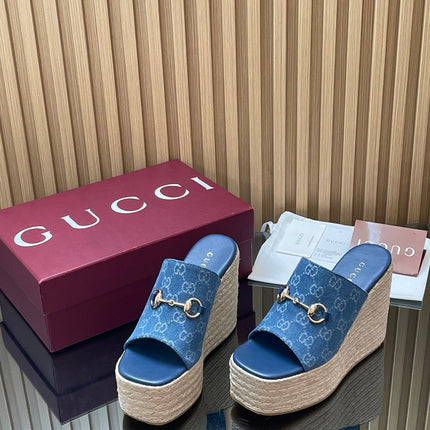 GUCCI 26S WEDGE SANDALS 110 MM IN BLUE CANVAS GG MONOGRAM