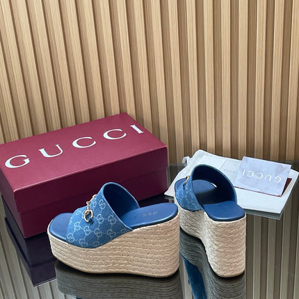 GUCCI 26S WEDGE SANDALS 110 MM IN BLUE CANVAS GG MONOGRAM