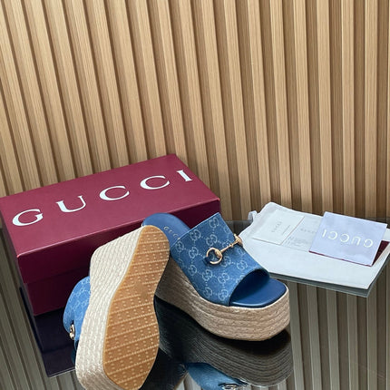 GUCCI 26S WEDGE SANDALS 110 MM IN BLUE CANVAS GG MONOGRAM