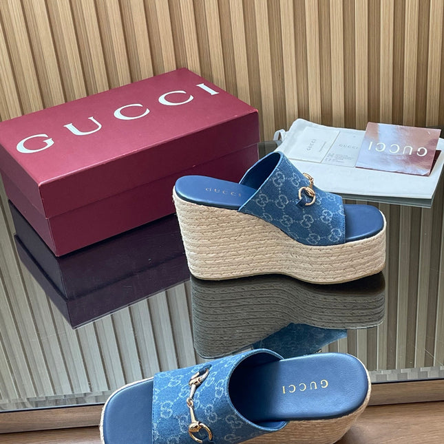GUCCI 26S WEDGE SANDALS 110 MM IN BLUE CANVAS GG MONOGRAM