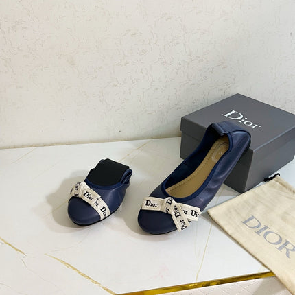 DIOR 26S BOW BALLET FLATS IN NAVY BLUE CALFSKIN