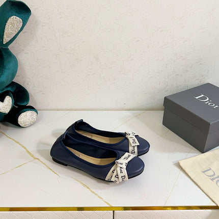 DIOR 26S BOW BALLET FLATS IN NAVY BLUE CALFSKIN