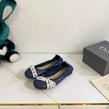 DIOR 26S BOW BALLET FLATS IN NAVY BLUE CALFSKIN