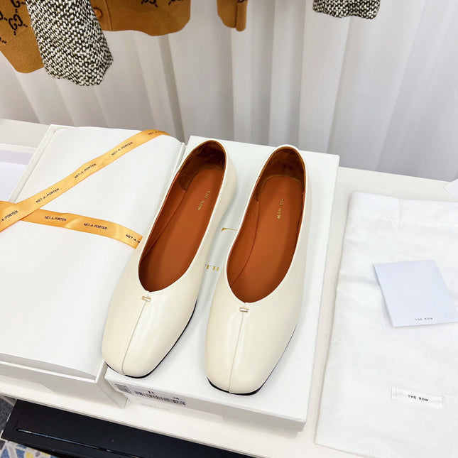 THE ROW 26S SQUARE TOE BALLET FLATS IN IVORY WHITE CALFSKIN