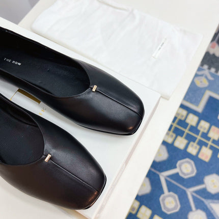 THE ROW 26S SQUARE TOE BALLET FLATS IN FULL BLACK CALFSKIN