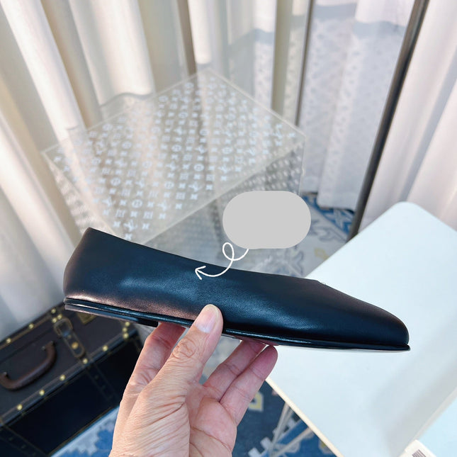 THE ROW 26S SQUARE TOE BALLET FLATS IN FULL BLACK CALFSKIN