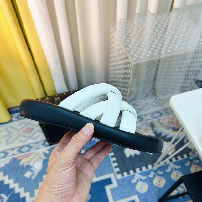 THE ROW 26S CROSSED PADDED SLIDES IN WHITE CALFSKIN