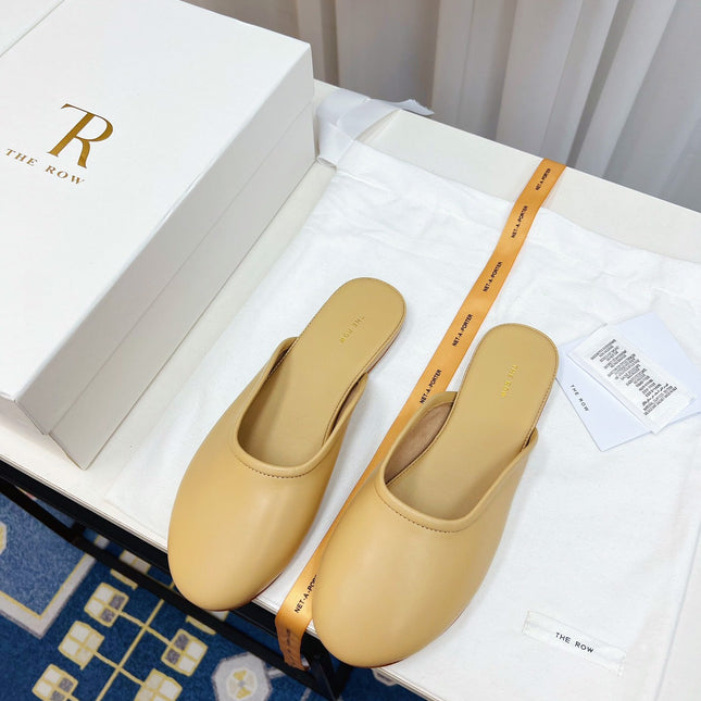 THE ROW 26S ROUND TOE MULES IN BEIGE CALFSKIN