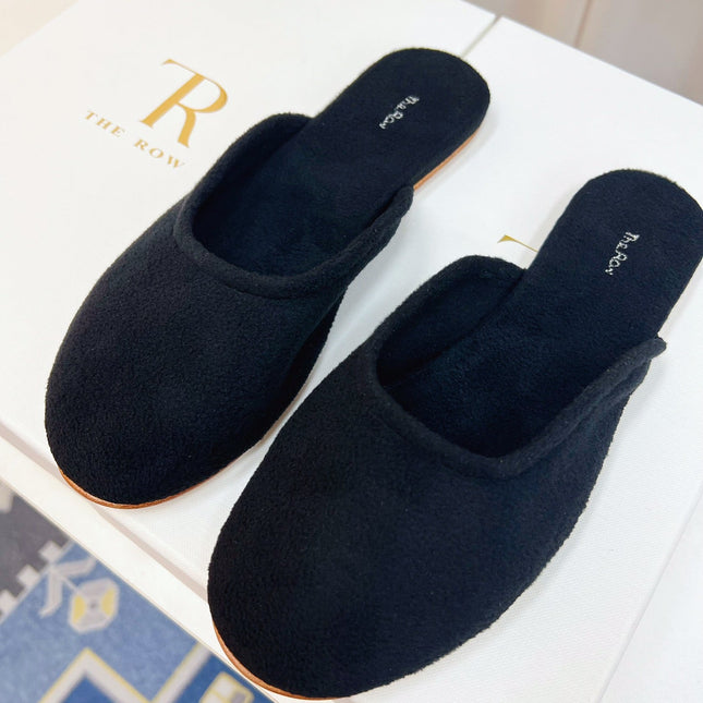 THE ROW 26S ROUND TOE MULES IN NAVY BLUE SUEDE