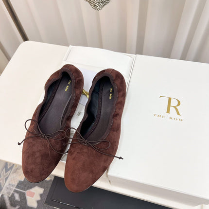 THE ROW 26S BALLET FLATS IN DARK BROWN SUEDE ELASTIC TRIM WITH BOW