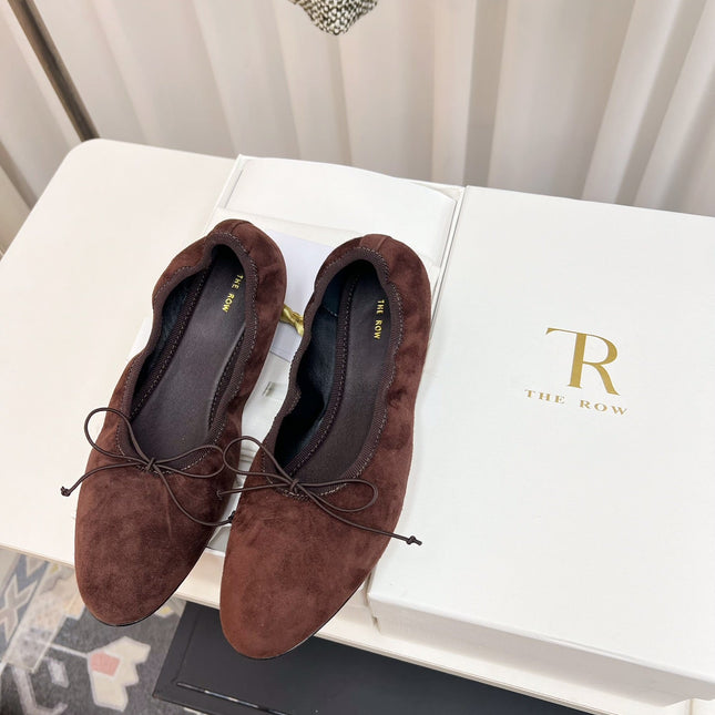 THE ROW 26S BALLET FLATS IN DARK BROWN SUEDE ELASTIC TRIM WITH BOW