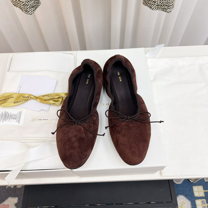 THE ROW 26S BALLET FLATS IN DARK BROWN SUEDE ELASTIC TRIM WITH BOW