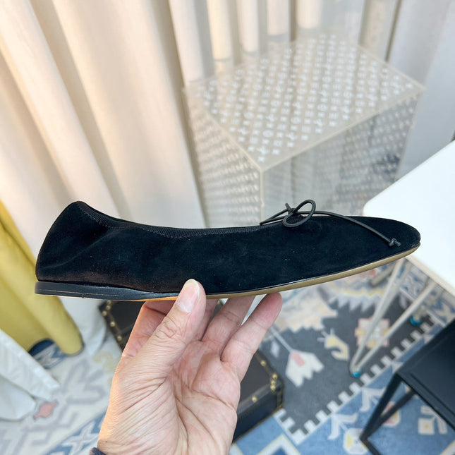 THE ROW 26S BALLET FLATS IN BLACK SUEDE ELASTIC TRIM WITH BOW