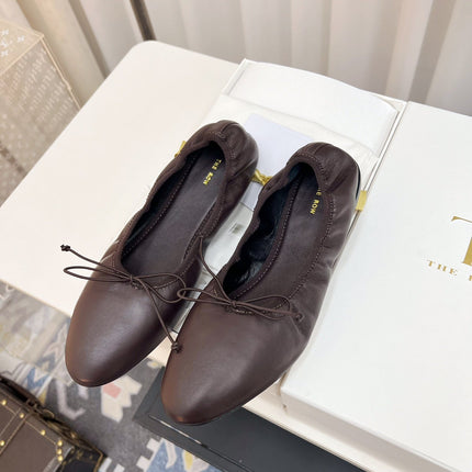 THE ROW 26S BALLET FLATS IN DARK BROWN CALFSKIN ELASTIC TRIM WITH BOW