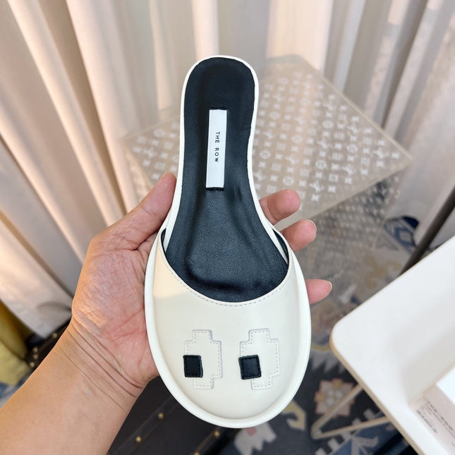 THE ROW 26S PIXEL APPLIQUE MULES IN IVORY WHITE CALFSKIN