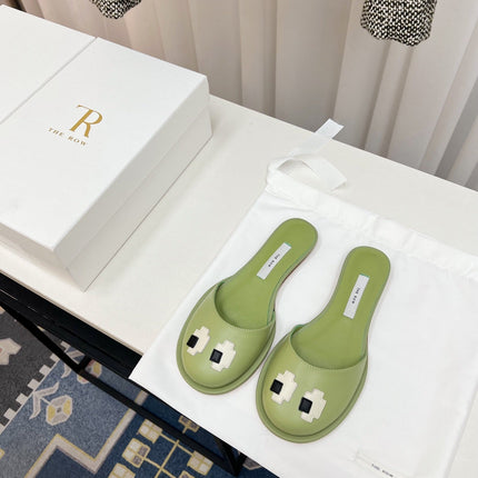 THE ROW 26S PIXEL APPLIQUE MULES IN PISTACHIO GREEN CALFSKIN
