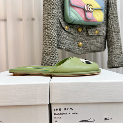 THE ROW 26S PIXEL APPLIQUE MULES IN PISTACHIO GREEN CALFSKIN