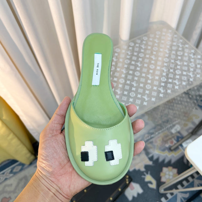 THE ROW 26S PIXEL APPLIQUE MULES IN PISTACHIO GREEN CALFSKIN