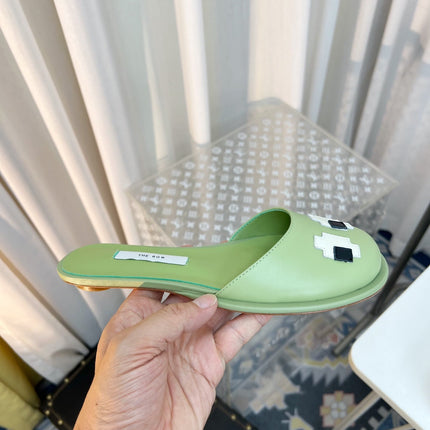 THE ROW 26S PIXEL APPLIQUE MULES IN PISTACHIO GREEN CALFSKIN