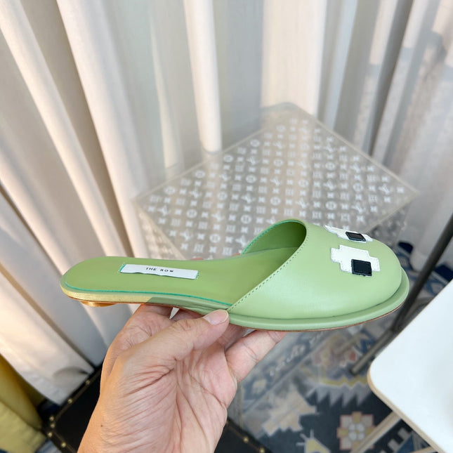 THE ROW 26S PIXEL APPLIQUE MULES IN PISTACHIO GREEN CALFSKIN