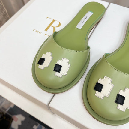 THE ROW 26S PIXEL APPLIQUE MULES IN PISTACHIO GREEN CALFSKIN
