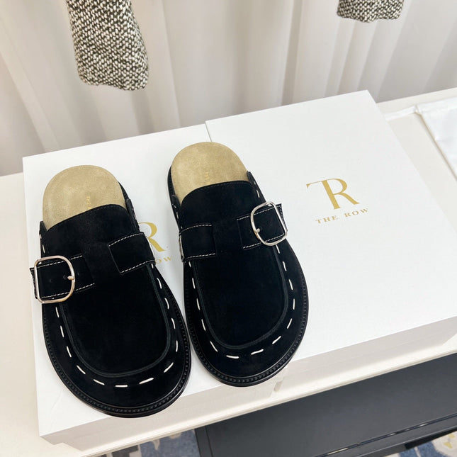 THE ROW 26S BUCKLED MULE CLOGS IN BLACK SUEDE