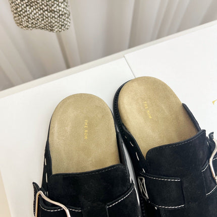 THE ROW 26S BUCKLED MULE CLOGS IN BLACK SUEDE