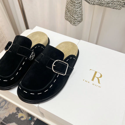 THE ROW 26S BUCKLED MULE CLOGS IN BLACK SUEDE