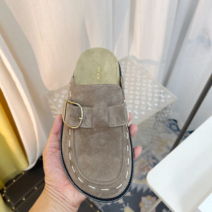 THE ROW 26S BUCKLED MULE CLOGS IN TAUPE BROWN SUEDE