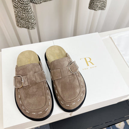 THE ROW 26S BUCKLED MULE CLOGS IN TAUPE BROWN SUEDE