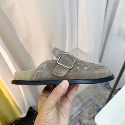 THE ROW 26S BUCKLED MULE CLOGS IN TAUPE BROWN SUEDE