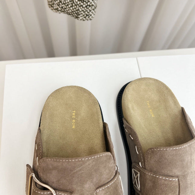 THE ROW 26S BUCKLED MULE CLOGS IN TAUPE BROWN SUEDE