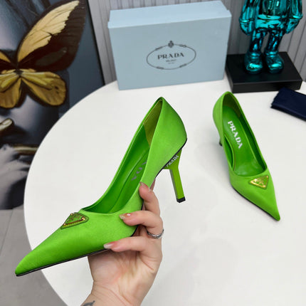 PRADA 26S POINTED TOE PUMPS STILETTO HEEL 80MM IN LIME GREEN SATIN