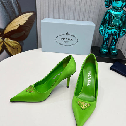 PRADA 26S POINTED TOE PUMPS STILETTO HEEL 80MM IN LIME GREEN SATIN