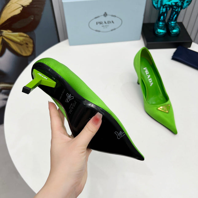 PRADA 26S POINTED TOE PUMPS STILETTO HEEL 80MM IN LIME GREEN SATIN