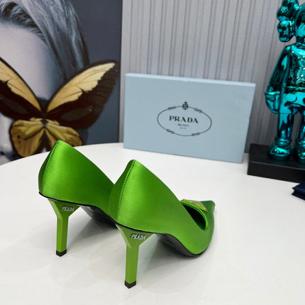 PRADA 26S POINTED TOE PUMPS STILETTO HEEL 80MM IN LIME GREEN SATIN