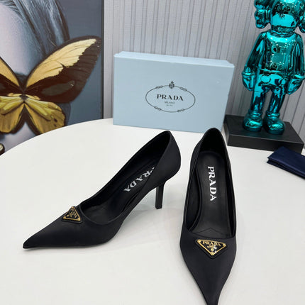 PRADA 26S POINTED TOE PUMPS STILETTO HEEL 80MM IN BLACK SATIN