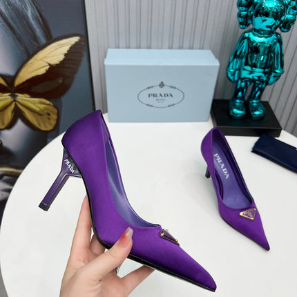 PRADA 26S POINTED TOE PUMPS STILETTO HEEL 80MM IN DEEP PURPLE SATIN