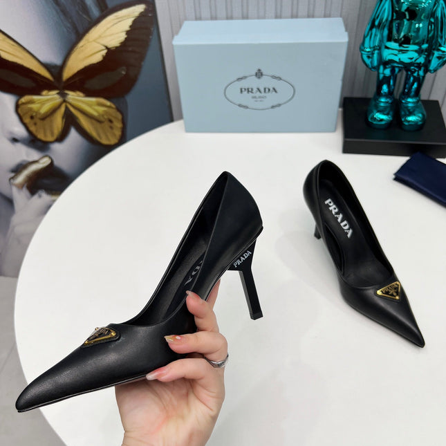 PRADA 26S POINTED TOE PUMPS STILETTO HEEL 80MM IN BLACK CALFSKIN