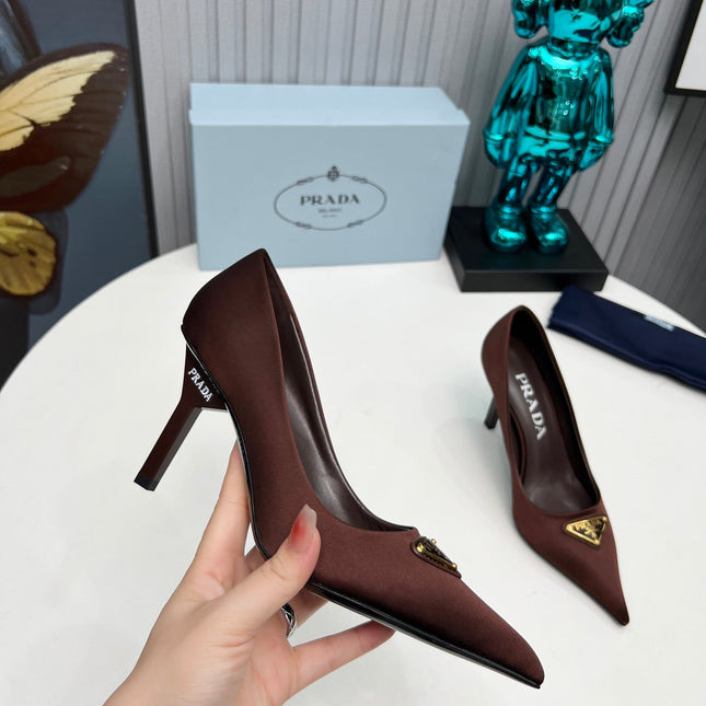 PRADA 26S POINTED TOE PUMPS STILETTO HEEL 80MM IN DARK BROWN SATIN