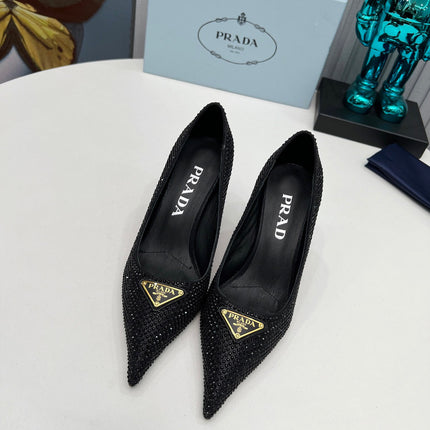PRADA 26S POINTED TOE PUMPS STILETTO HEEL 80MM IN BLACK CRYSTAL EMBELLISHED