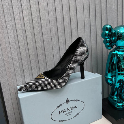 TRIANGLE LOGO HIGH-HEEL PUMPS IN BLACK SATIN WITH WHITE CRYSTALS