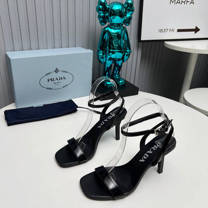 PRADA 26S ANKLE STRAP SANDALS STILETTO HEEL 80MM IN BLACK SHINE CALFSKIN