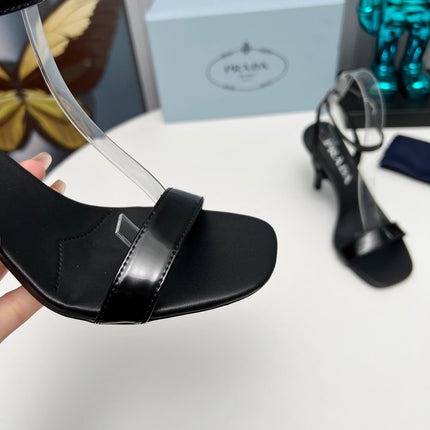 PRADA 26S ANKLE STRAP SANDALS STILETTO HEEL 80MM IN BLACK SHINE CALFSKIN