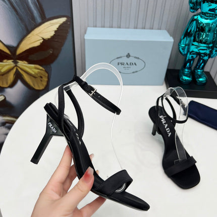 PRADA 26S ANKLE STRAP SANDALS STILETTO HEEL 80MM IN BLACK SATIN