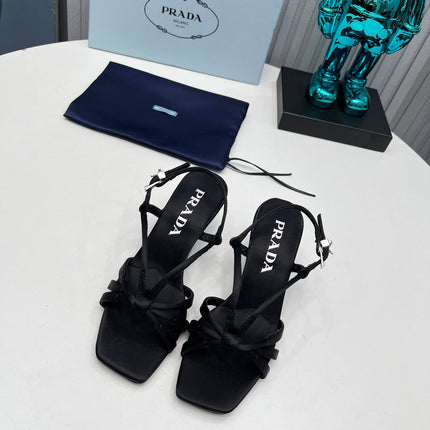 PRADA 26S STRAPPY SANDALS STILETTO HEEL 60MM IN BLACK SATIN