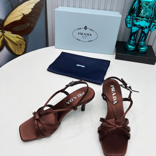 PRADA 26S STRAPPY SANDALS STILETTO HEEL 60MM IN DARK BROWN SATIN